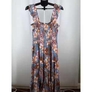 In the Beginning Blue Floral Tiered Maxi Dress‎ Linen Blend Boho Ruffle M New